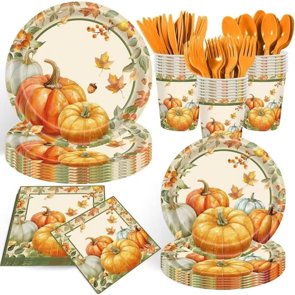 PM 140 Pcs Thanksgiving Party Decorations, Thanksgiving Paper Plates and Napkins, Disposable Pumpkin Plates, Cups, Napkins and Cutlery for Harvest Autumn Holiday Party Serves 20