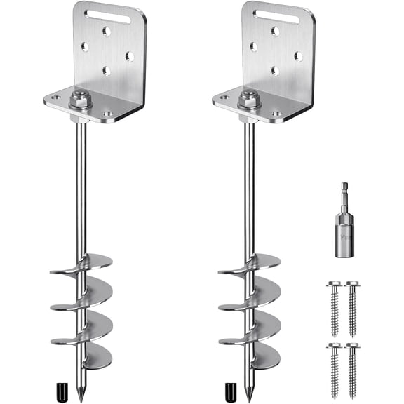 PM 18'' Heavy Duty Ground Anchors 10mm Solid Steel with L Bracket, for Trampoline Mobile Home Swing Set Shed Carport Tent Earth Anchor Fence, 2.7" Helix Blade & Chrome Plated Finish, 2Pack