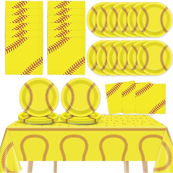 PM 24 Guests Softball Party Decorations Paper Plates and Napkins Tablecloth Set Softball Disposable Birthday Party Tableware Dinnerware Supplies for Table Dinner Kids Birthday Party Decor