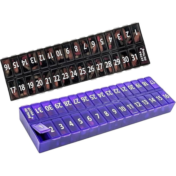 AM PM 31 Day Once-a Day Monthly Pill Planner Organizers - Large Compartment Pill Boxes Store Medications for Entire Month Plus Compartment for Extra Pills (AM/PM) (Am/Pm Black & Purple)