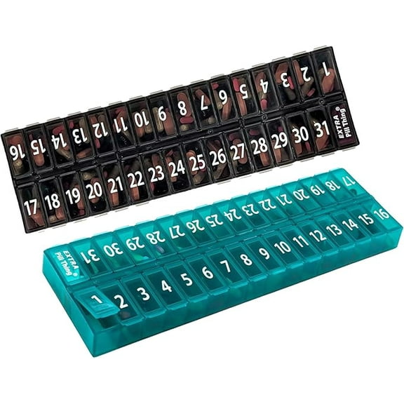 AM PM 31 Day Once-a Day Monthly Pill Planner Organizers - Large Compartment Pill Boxes Store Medications for Entire Month Plus Compartment for Extra Pills (AM/PM) (Am/Pm Black & Teal)