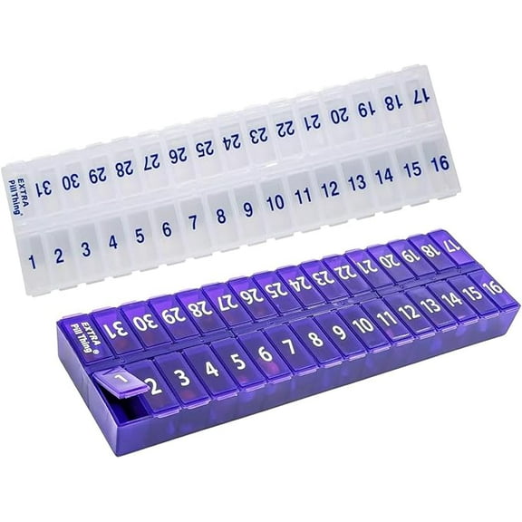 AM PM 31 Day Once-a Day Monthly Pill Planner Organizers - Large Compartment Pill Boxes Store Medications for Entire Month Plus Compartment for Extra Pills (AM/PM) (Am/Pm Clear & Purple)