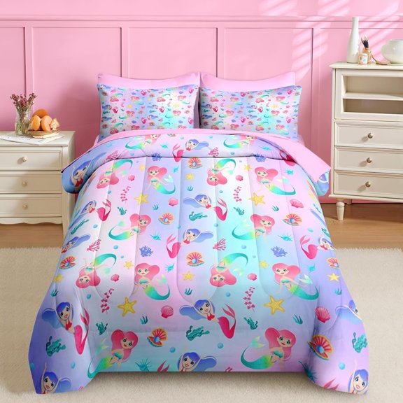 PM  5 Pcs Comforter Set Twin Size, Cute Mermaid Princess Bedding for Kids Teen, Cartoon Underwater Animals Bed Sheet with Pillowcase & Sham