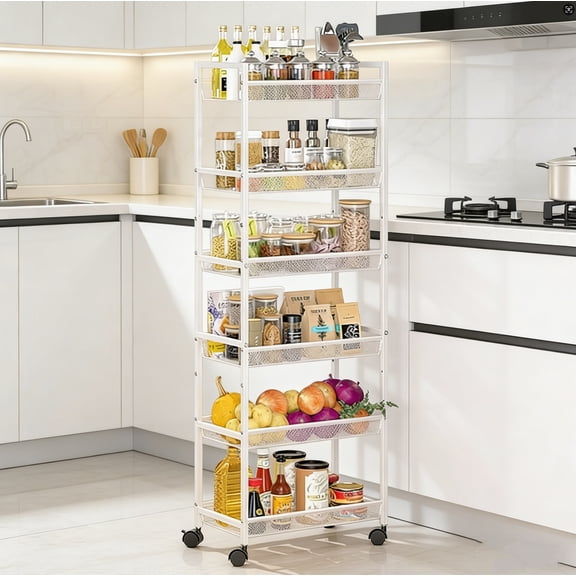 PM 6 Tier Slim Rolling Storage Cart, Narrow Mobile Shelving Unit Organizer Utility Cart with Wheels, Metal Wire Storage Rack with Baskets for Kitchen, Bathroom, Laundry & Living Room, 10in(W) White
