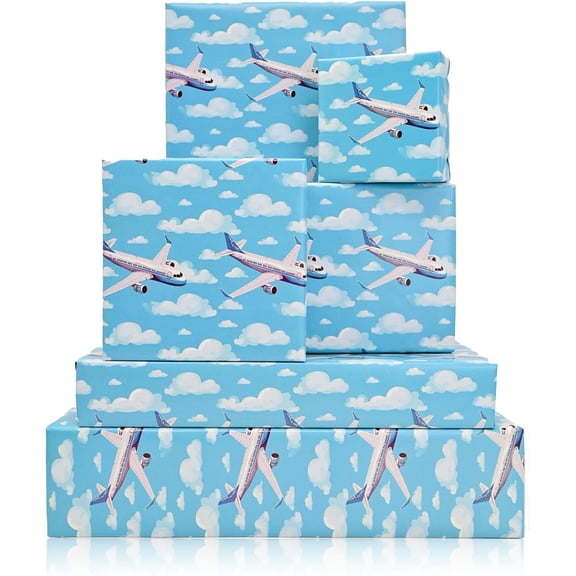 PM Airplane Wrapping Paper Blue Design Gift Wrapping Paper with Plane Cloud Pattern for Baby Shower Boy Girl Birthday Wedding Holiday - 19 X 27 Inches Per Sheet