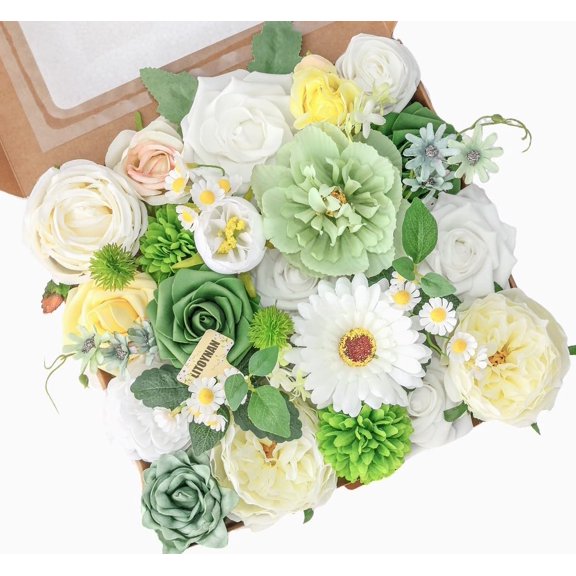PM Artificial Flowers, Silk Faux Flowers with Stems, DIY Wedding Cake Bridal Bouquet Centerpiece Arrangement Set for Wedding Party Table Decor, White & Green