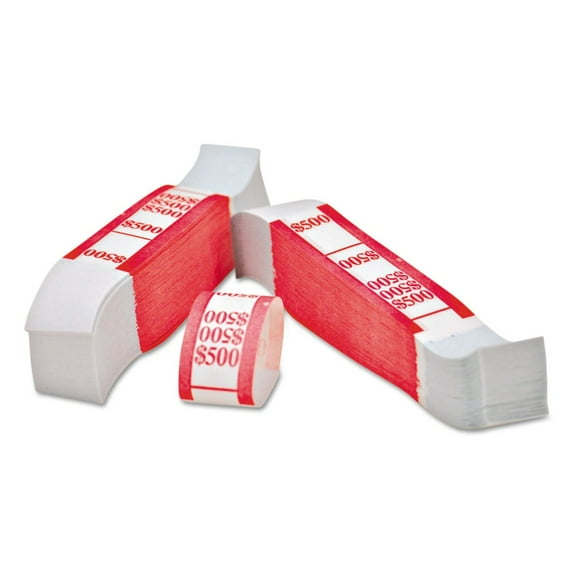 PM Company 55030 5 Dollar Bill 500 Dollar Self-Adhesive Color-Coded Kraft Currency Straps - White/Red (1000/Pack)
