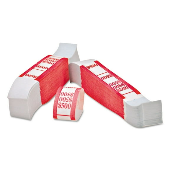 PM Company 55030 5 Dollar Bill 500 Dollar Self-Adhesive Color-Coded Kraft Currency Straps - White/Red (1000/Pack)