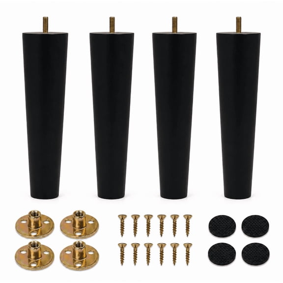 PM Furniture Legs, Replacement Sofa Legs, Round Design, 10 Inch Set of 4, for Sofa Couch Chair Ottoman Loveseat Table Dresser Cabinet, Black Solid Wood