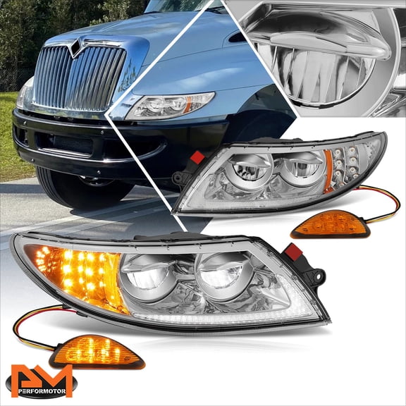 PM PERFORMOTOR for 02-15 International Harvester 4100-8600 Full LED DRL Headlights Chrome/Amber
