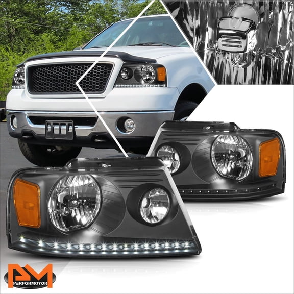 PM PERFORMOTOR for 04-08 Ford F150 LED DRL Strip Headlight/Lamps Black Housing Amber Corner