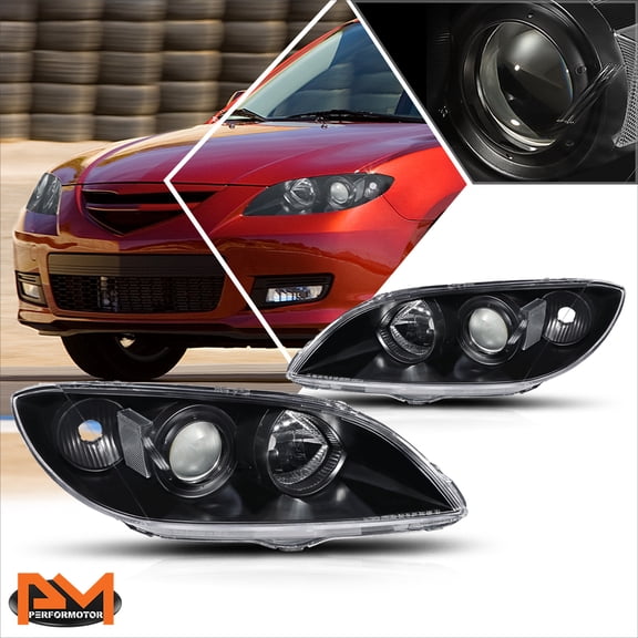 PM PERFORMOTOR for 04-09 Mazda 3 4-Dr Projector Black Housing Headlight Clear Side Corner Lamp