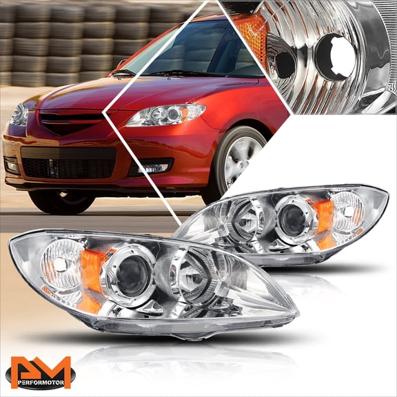 PM PERFORMOTOR for 04-09 Mazda 3 4-Dr Projector Chrome Housing Headlight Amber Side Corner Lamp