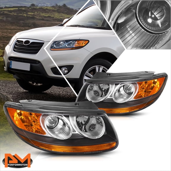 PM PERFORMOTOR for 07-12 Sante FE Direct Bolt-On Headlight Replacement Black Housing Amber Side