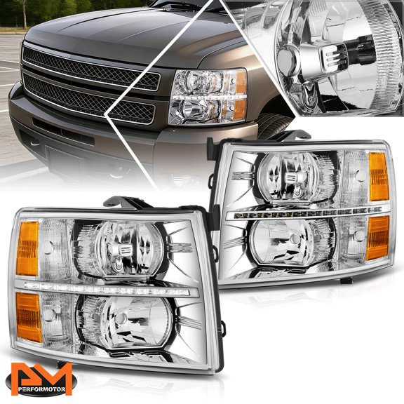 PM PERFORMOTOR for 07-14 Chevy Silverado LED DRL Strip Headlight/Lamp Chrome Housing Amber Side