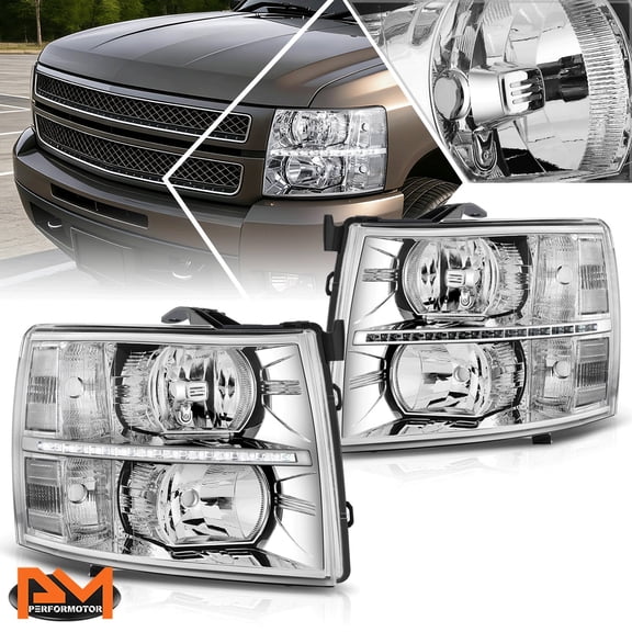 PM PERFORMOTOR for 07-14 Chevy Silverado LED DRL Strip Headlight/Lamp Chrome Housing Clear Side