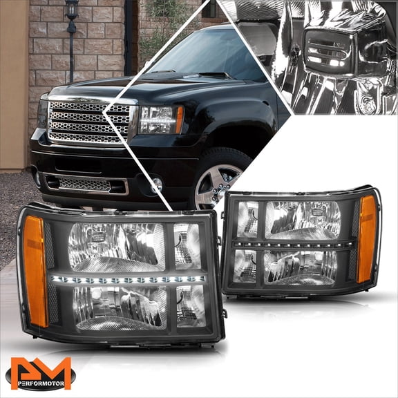 PM PERFORMOTOR for 07-14 GMC Sierra LED DRL Strip Headlight/Lamps Black Housing Amber Corner