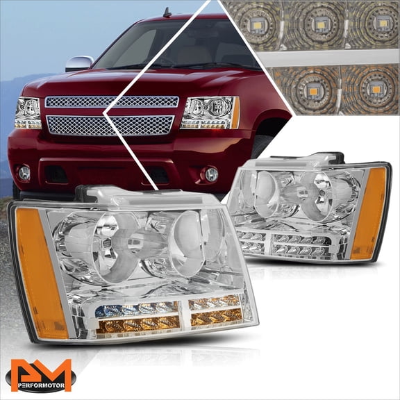 PM PERFORMOTOR for 07-14 Tahoe/Suburban LED DRL+Turn Signal Headlight/Lamp Amber Corner Chrome