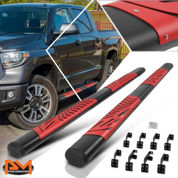 PM PERFORMOTOR for 07-21 Tundra CrewMax Cab 5"Black Oval Nerf Bar Running Boards w/Red Step Pad