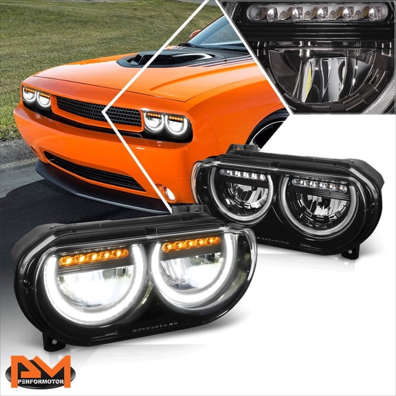 PM PERFORMOTOR for 08-14 Dodge Challenger LED DRL Sequential Turn Signal Headlights/Lamp Black