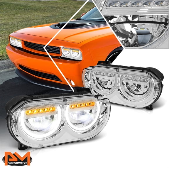 PM PERFORMOTOR for 08-14 Dodge Challenger LED DRL Sequential Turn Signal Headlights/Lamp Chrome