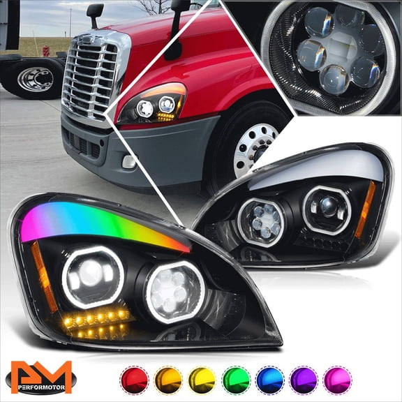 PM PERFORMOTOR for 08-17 Freightliner Cascadia RGB LED Brow Gattling Projector Headlights Black