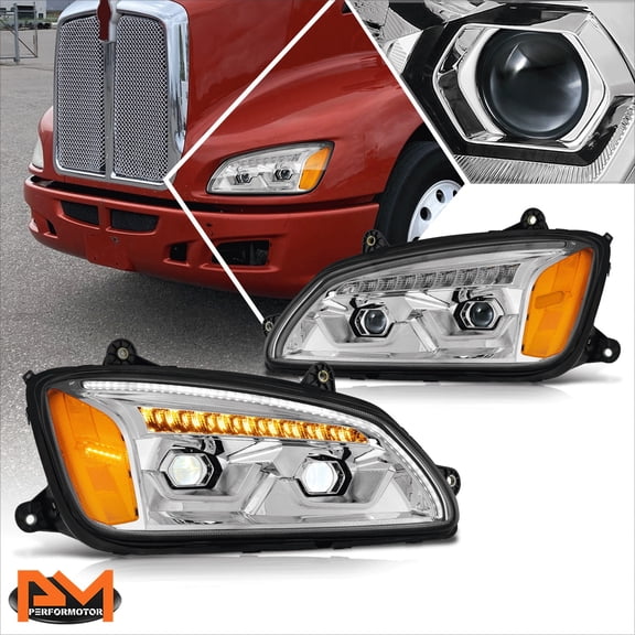PM PERFORMOTOR for 08-17 Kenworth T660 LED DRL Sequential Signal Projector Headlights Chrome