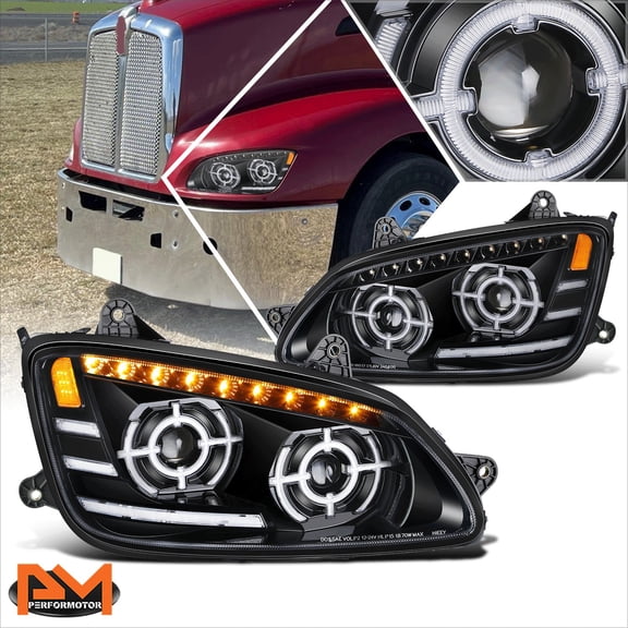 PM PERFORMOTOR for 08-17 Kenworth T660 LED Sequential Chasing Signal Projector Headlights Black