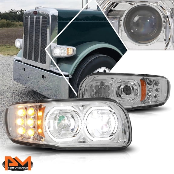 PM PERFORMOTOR for 08-21 Peterbilt 388 389 567 Dual LED Halo+Amber Signal Projector Headlights