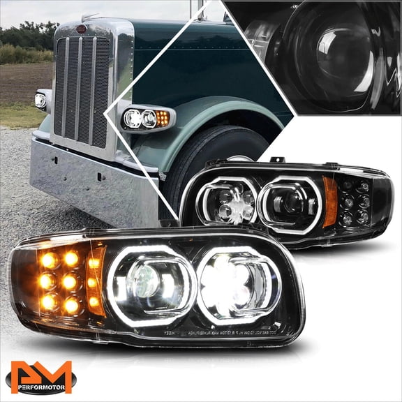 PM PERFORMOTOR for 08-22 Peterbilt 388 389 567 Dual LED Halo+Trun Signal Projector Headlights