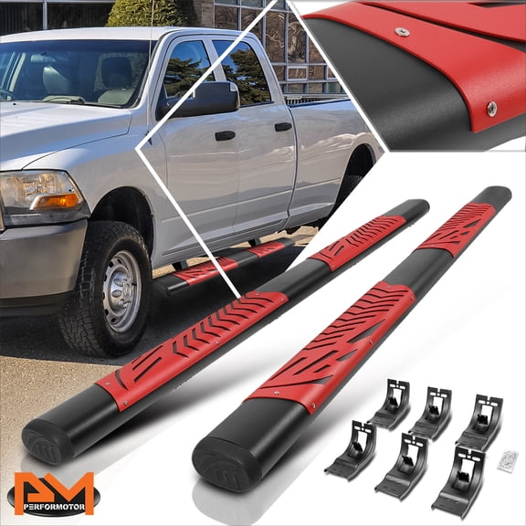 PM PERFORMOTOR for 09-24 Dodge Ram Crew Cab 5" Black Nerf Bar Running Boards w/Red Step Pads