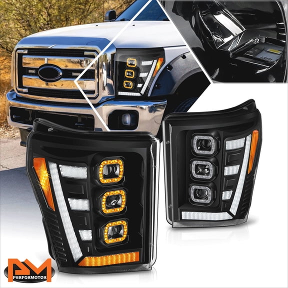 PM PERFORMOTOR for 11-16 Ford F250-F450 Super Duty Sequential LED DRL Projector Headlight Black