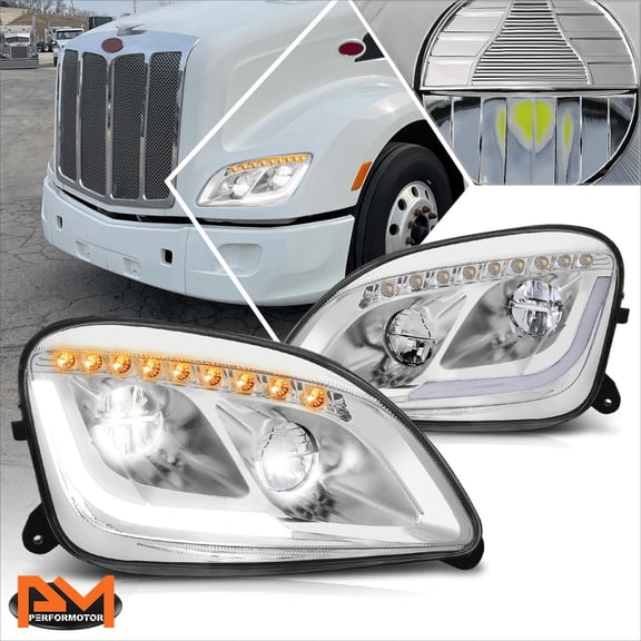 PM PERFORMOTOR for 11-21 Peterbilt 579 587 Full LED DRL+Sequential Turn Signal Headlight Chrome