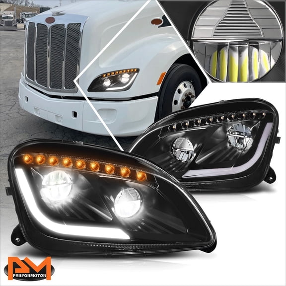 PM PERFORMOTOR for 11-21 Peterbilt 579 587 Full LED DRL+Sequential Turn Signal Headlights Black