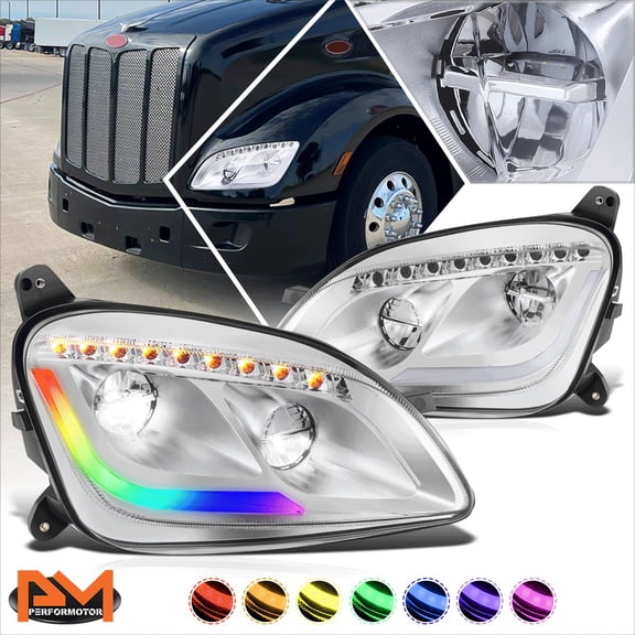 PM PERFORMOTOR for 11-21 Peterbilt 579 587 Sequential Turn Signal RGB LED DRL Headlights Chrome