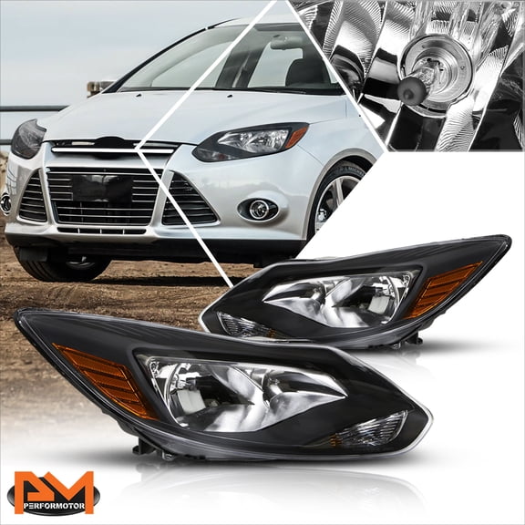 PM PERFORMOTOR for 12-14 Ford Focus Gen3 Black Housing Headlight Amber Corner Signal Lamp Pair