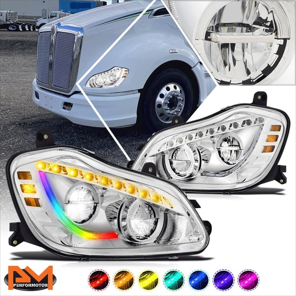PM PERFORMOTOR for 13-21 Kenworth T680 Sequential Turn Signal RGB LED DRL Headlight Lamp Chrome