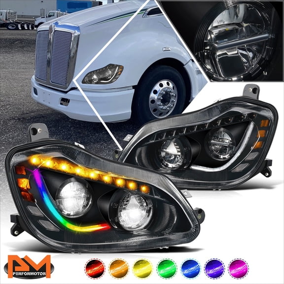 PM PERFORMOTOR for 13-21 Kenworth T680 Sequential Turn Signal RGB LED DRL Headlights Lamp Black