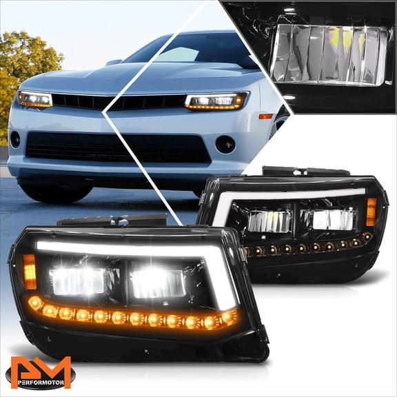 PM PERFORMOTOR for 14-15 Chevy Camaro LED DRL+Sequential Turn Signal Headlights Black Housing