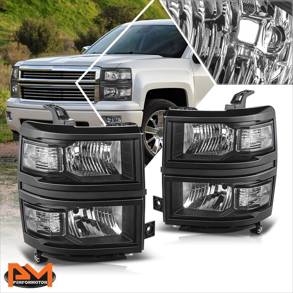 PM PERFORMOTOR for 14-15 Chevy Silverado 1500 Factory Style Clear Corner Headlights Lamp Black