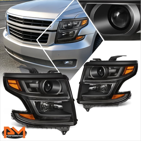 PM PERFORMOTOR for 15-20 Chevy Suburban/Tahoe OE Projector Headlight W/LED DRL Black/Amber Pair