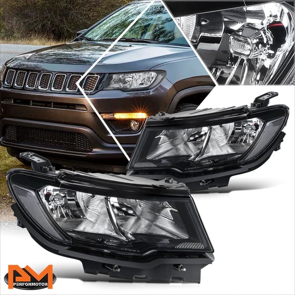 PM PERFORMOTOR for 17-21 Jeep Compass Factory Style Black Housing Clear Corner Headlights/Lamps