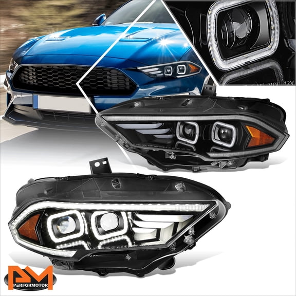 PM PERFORMOTOR for 18-23 Ford Mustang Full LED 3D Light Bar Dual Projector Black Headlights