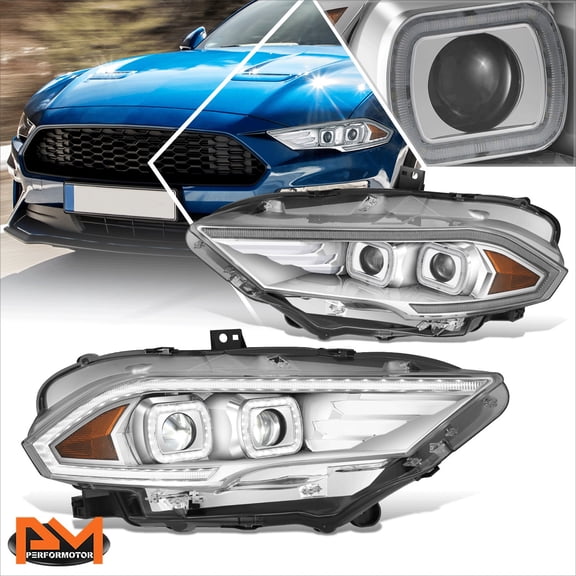 PM PERFORMOTOR for 18-23 Ford Mustang Full LED 3D Light Bar Dual Projector Chrome Headlights