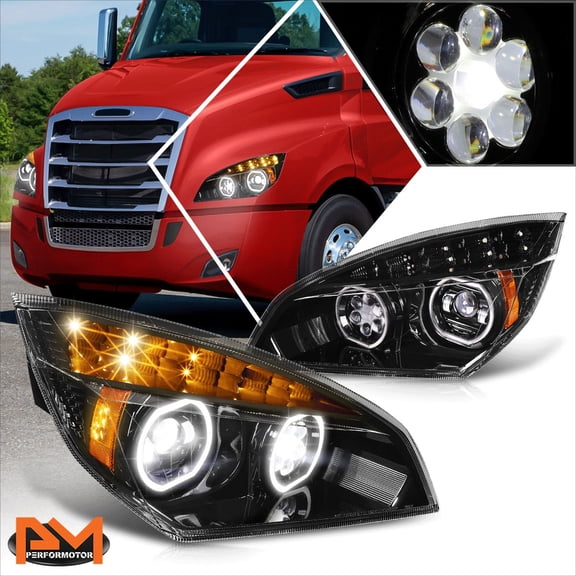 PM PERFORMOTOR for 18-24 Freightliner Cascadia Gattling Style LED Halo DRL Projector Headlights
