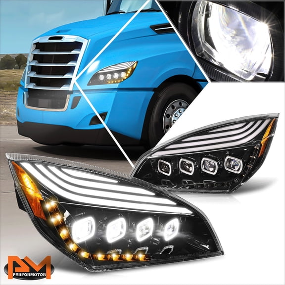 PM PERFORMOTOR for 18-24 Freightliner Cascadia Quad Square Halo LED DRL Projector Headlights