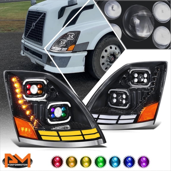PM PERFORMOTOR for 18-24 Volvo VN VNL RGB LED DRL Switchback Signal Projector Headlights Black