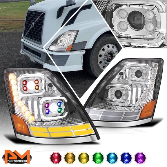 PM PERFORMOTOR for 18-24 Volvo VN VNL RGB LED DRL Switchback Signal Projector Headlights Chrome