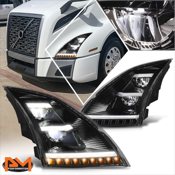PM PERFORMOTOR for 18-24 Volvo VNL VNR LED DRL Sequential Amber Turn Signal Headlights Black