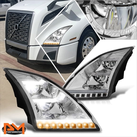 PM PERFORMOTOR for 18-24 Volvo VNL VNR LED DRL Sequential Amber Turn Signal Headlights Chrome
